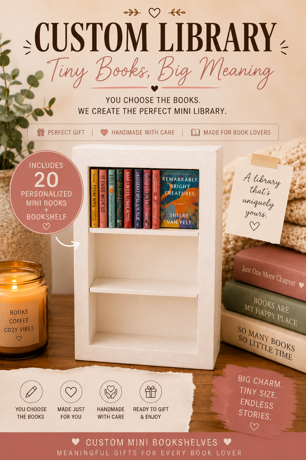 Mini Books & Bookshelf Bundle | Personalized Mini Library | Handmade Book Lover Gift | Custom Tiny Bookshelf Display