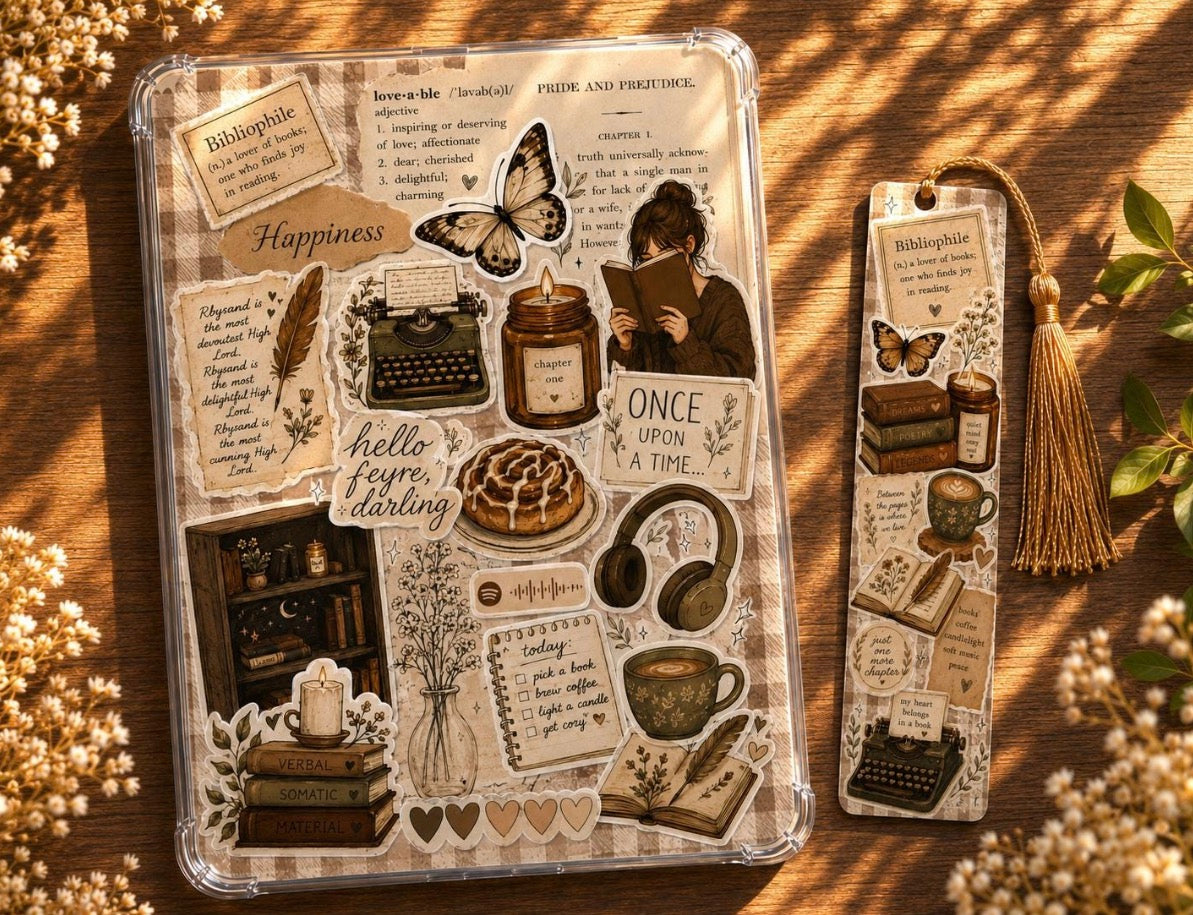 Cozy Neutral Bookish E-Reader Insert | Matching Bookmark + Sticker Sheets (Precut) Add Ons