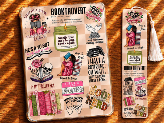 Book Lover E-Reader Insert | Bookish E-Reader Decor | Optional Matching Bookmark & Sticker Sheet Bundle