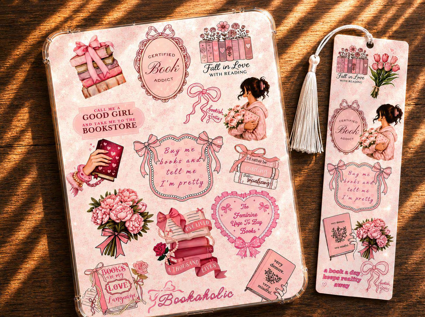 Pink Book Lover E-Reader Insert | Girlie Bookish Decor | Optional Matching Bookmark & Sticker Sheet Bundle