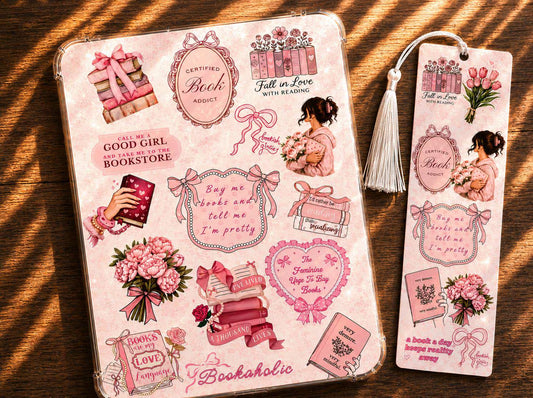 Pink Book Lover E-Reader Insert | Girlie Bookish Decor | Optional Matching Bookmark & Sticker Sheet Bundle