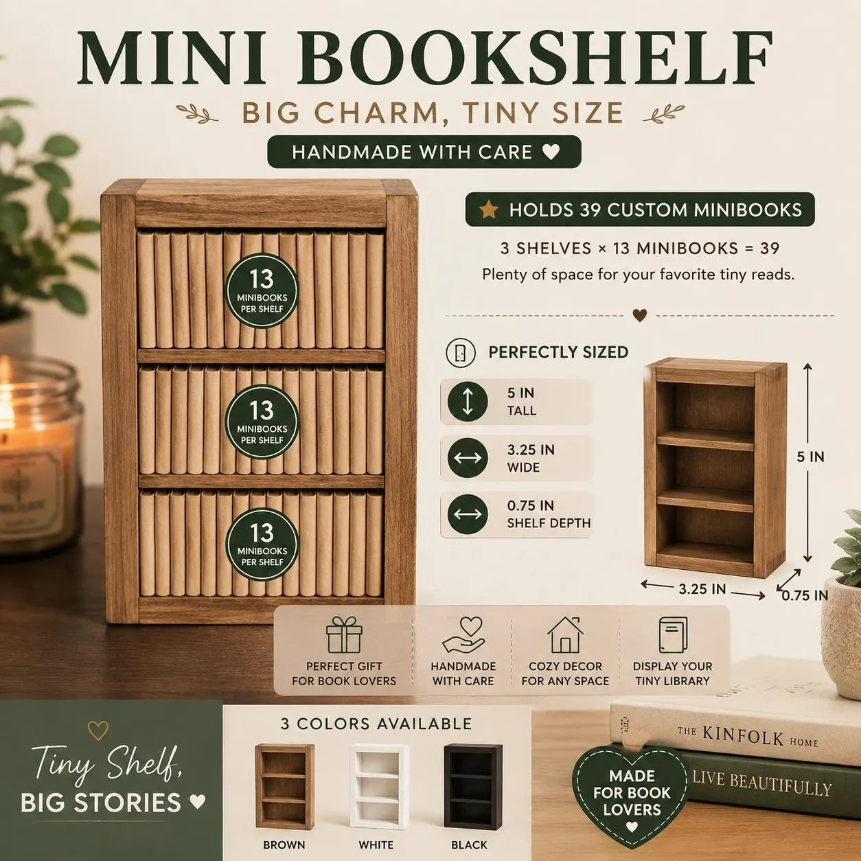 Mini Bookshelf for Mini Books | Handmade Wooden Display Shelf | Tiny Library Decor for Book Lovers