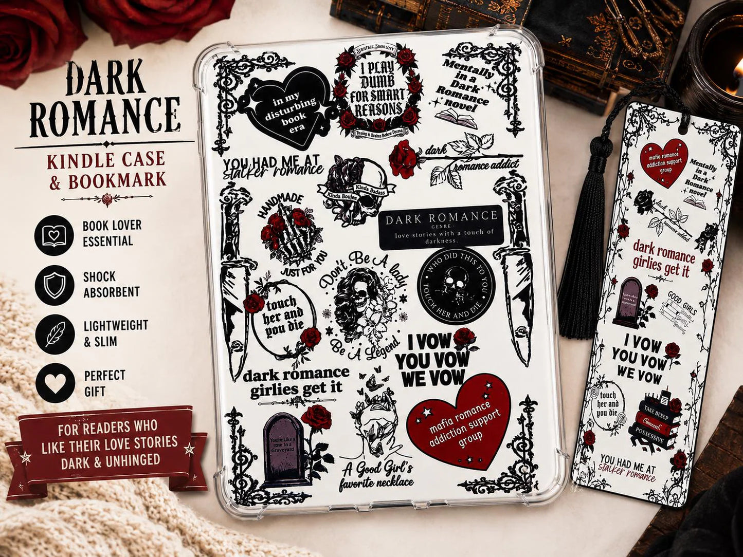 Dark Romance Kindle Insert | Bookish E-Reader Decor | Kindle Insert | Optional Matching Bookmark & Sticker Sheet Bundle