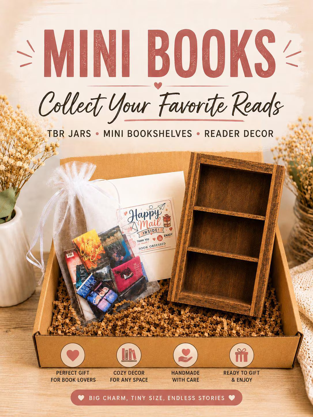 Mini Book Set | Tiny Book Collection for Book Lovers | Reader Decor | Optional Mini Bookshelf Bundle